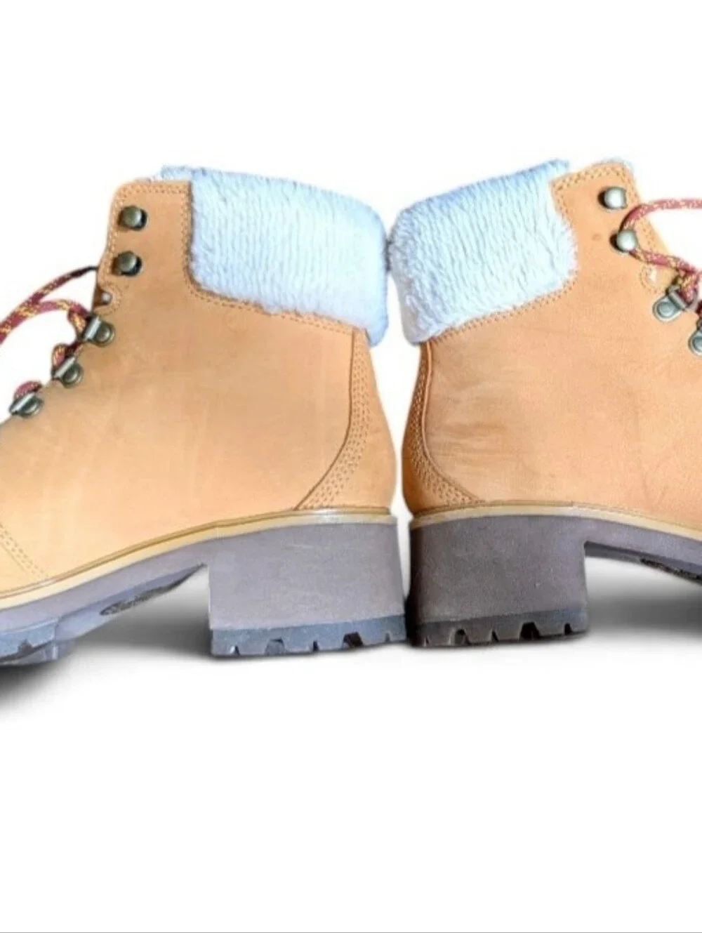Timberland Kinsley Leather Wheat Tan Lace-Up Ankle Boots With Faux Fur Collar